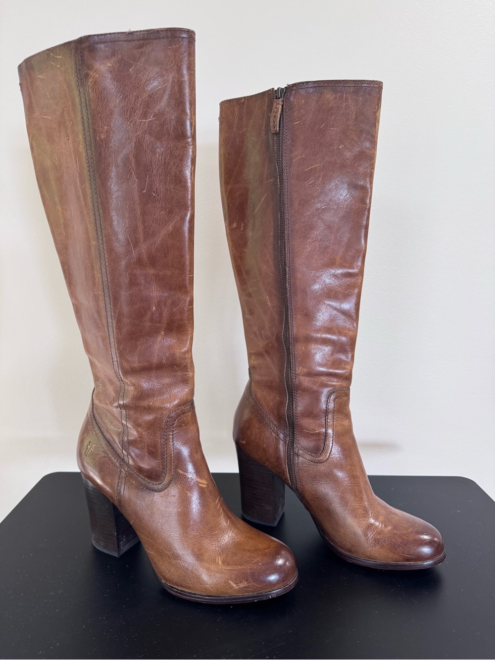 Frye Parker Tall Cognac Brown Leather Mid-Heel Knee Boots